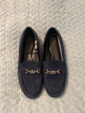 Navy Suede Loafers with Gold Bit Hardware